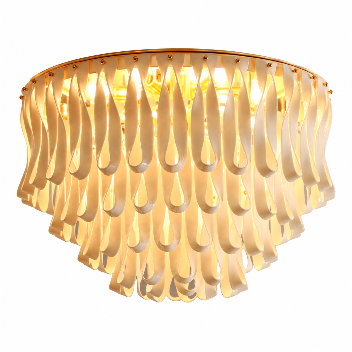 Ondavelle flush-mount ceiling light with illuminated ivory ceramic ribbon tiers on a white background