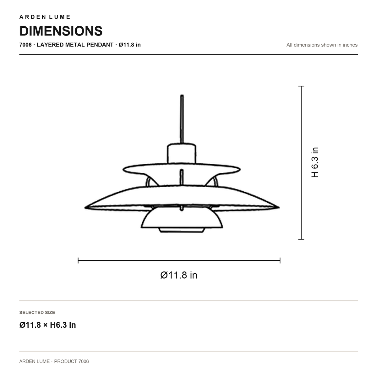 ARDEN LUME 7006 pendant dimensions for Ø11.8 × H6.3 in