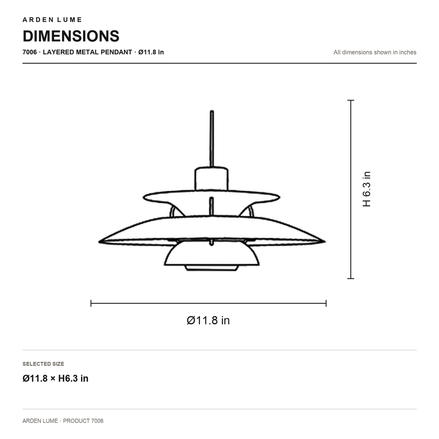 ARDEN LUME 7006 pendant dimensions for Ø11.8 × H6.3 in