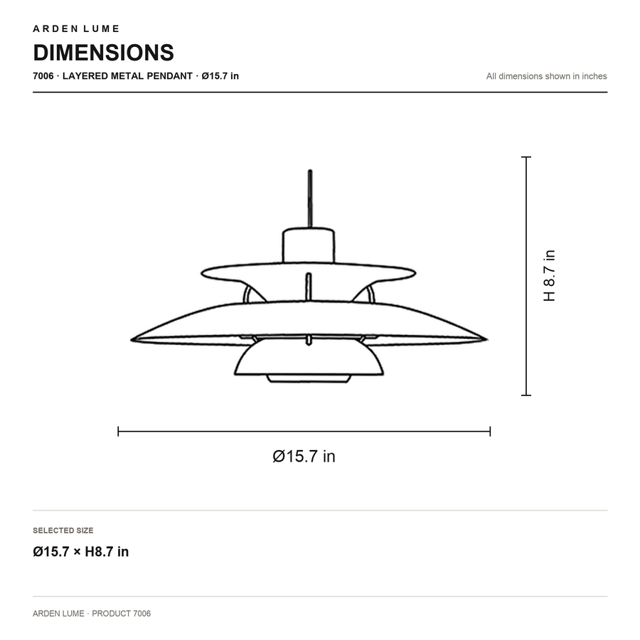 ARDEN LUME 7006 pendant dimensions for Ø15.7 × H8.7 in