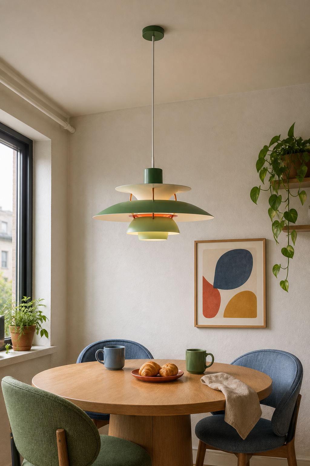 7006 Gradient Green pendant above a lived-in breakfast nook