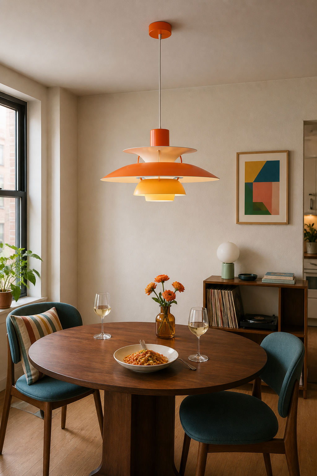 7006 Gradient Orange pendant above a modern apartment dining table