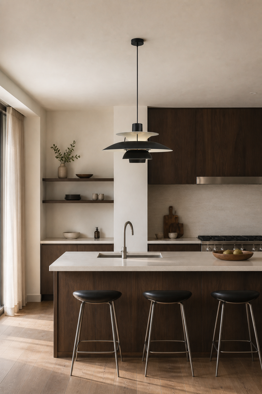 7006 layered pendant in Pure Black above a kitchen island