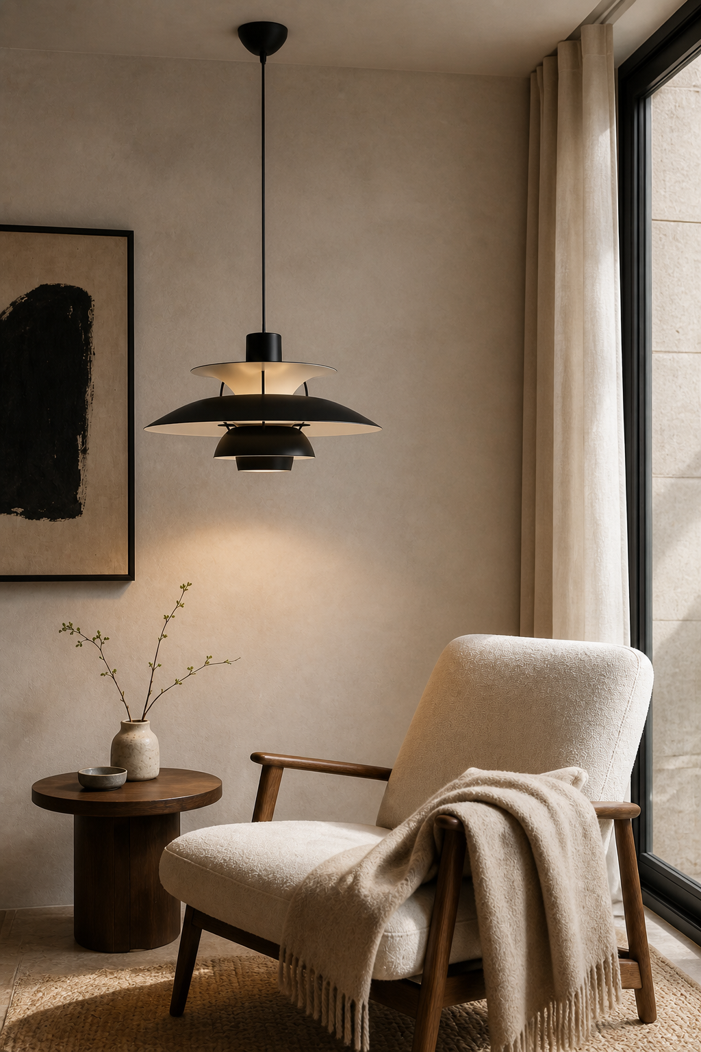 7006 layered pendant in Pure Black in a reading corner