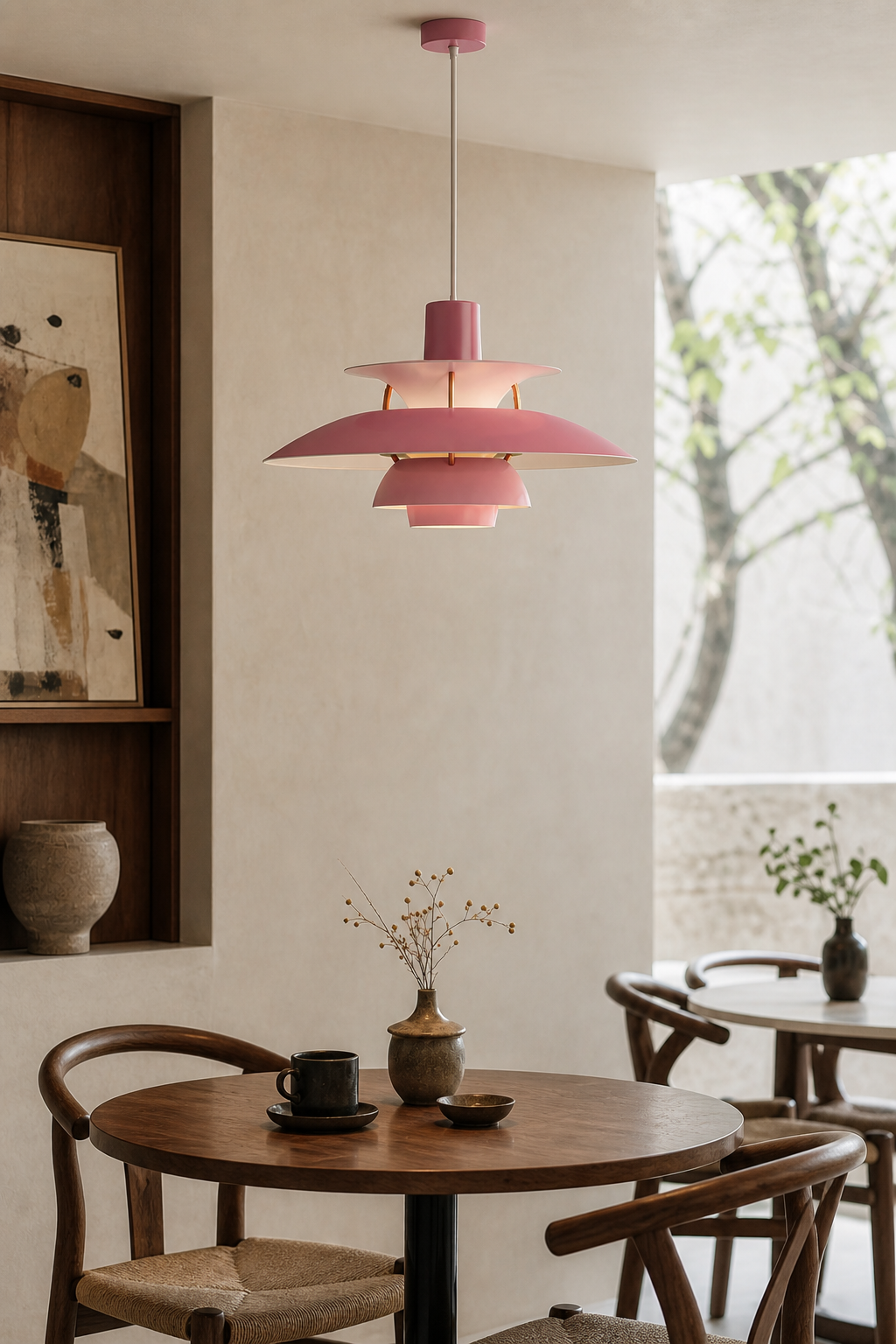 7006 layered pendant in Rose Pink in a cafe dining setting