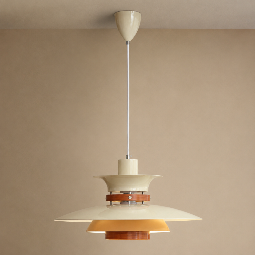 Layered Aluminum and Walnut Pendant Light — ceiling-mounted hero with flush canopy