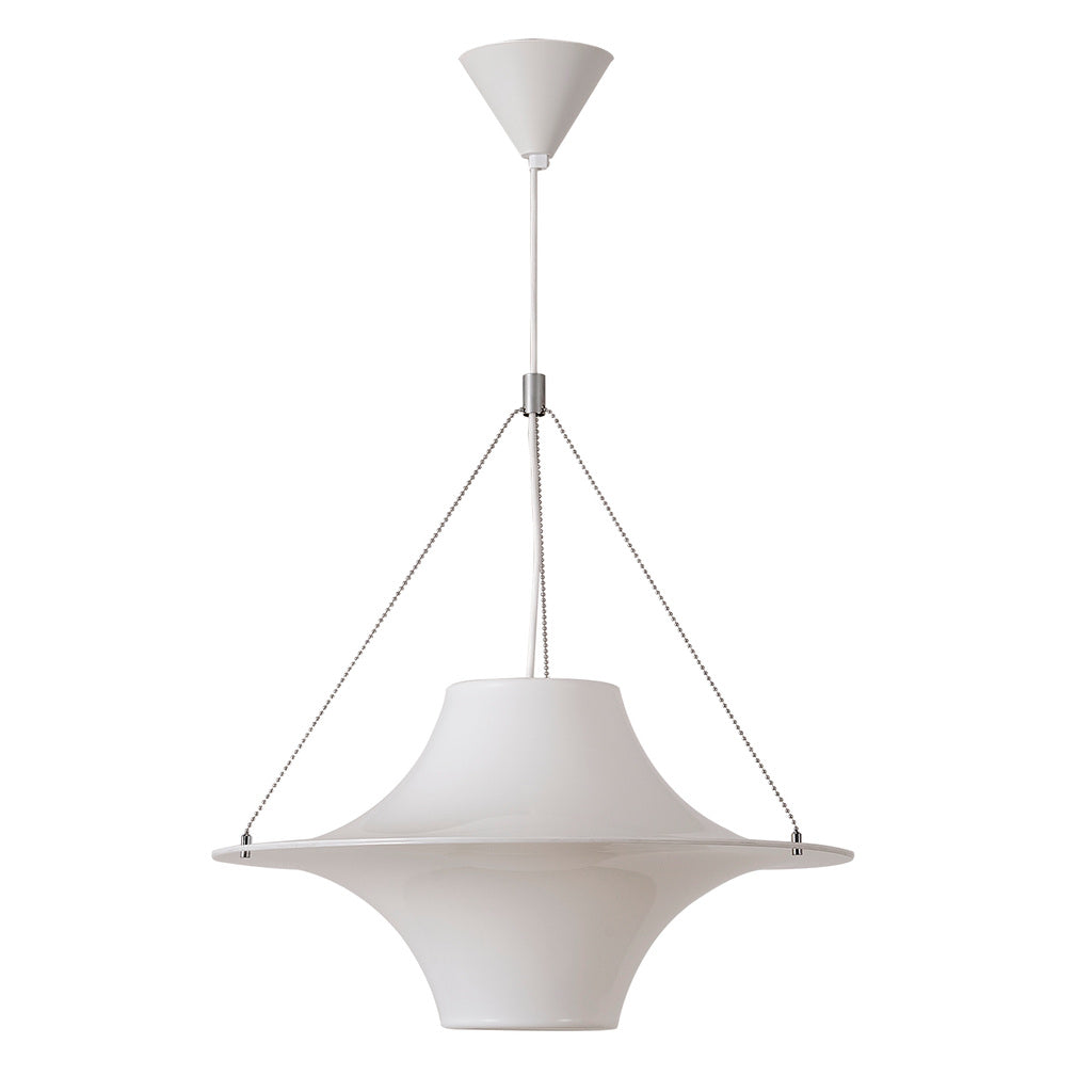 White acrylic saucer pendant on a clean white background showing the complete fixture