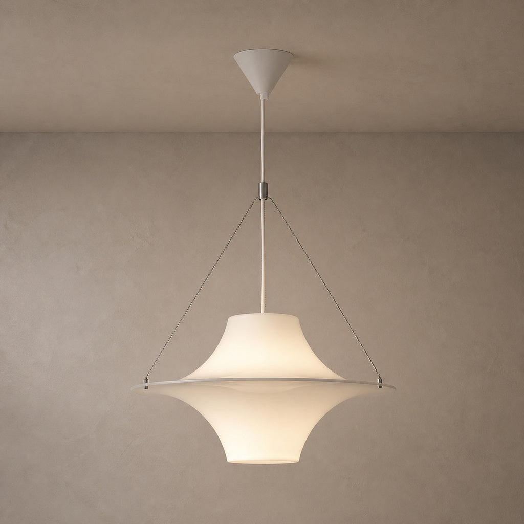 White acrylic saucer pendant with complete canopy and suspension against a warm taupe wall