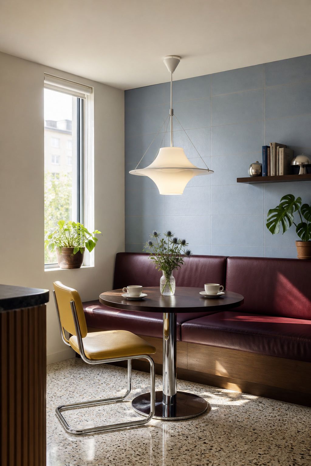 White acrylic saucer pendant above a blue and burgundy modern cafe table
