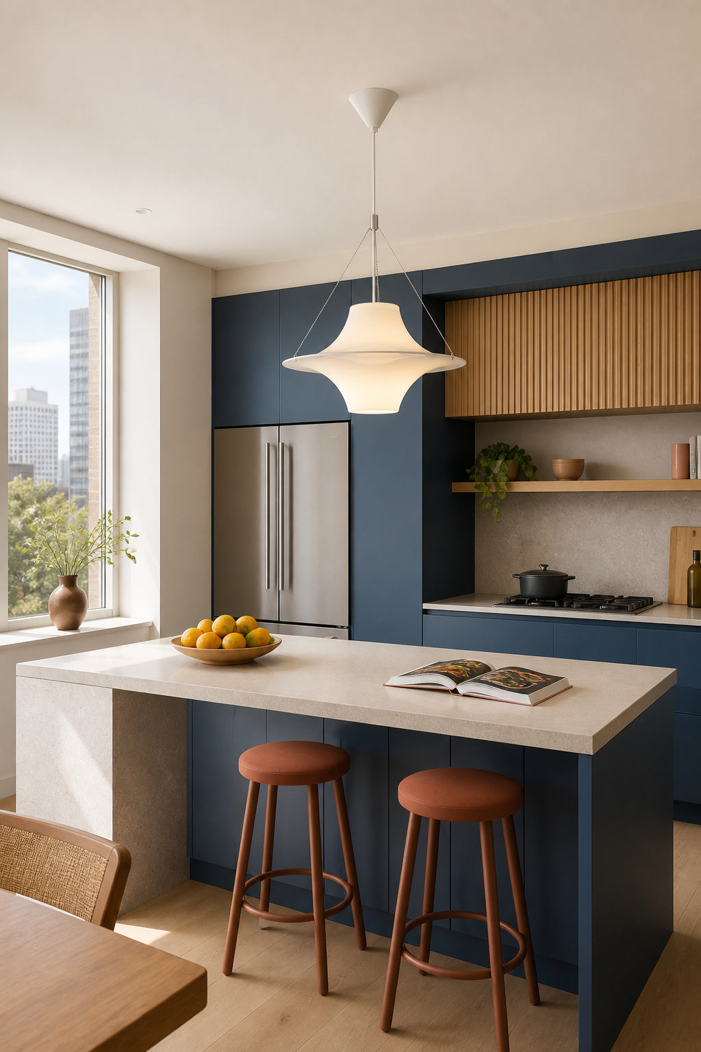 White acrylic saucer pendant above a blue modern kitchen island with terracotta stools