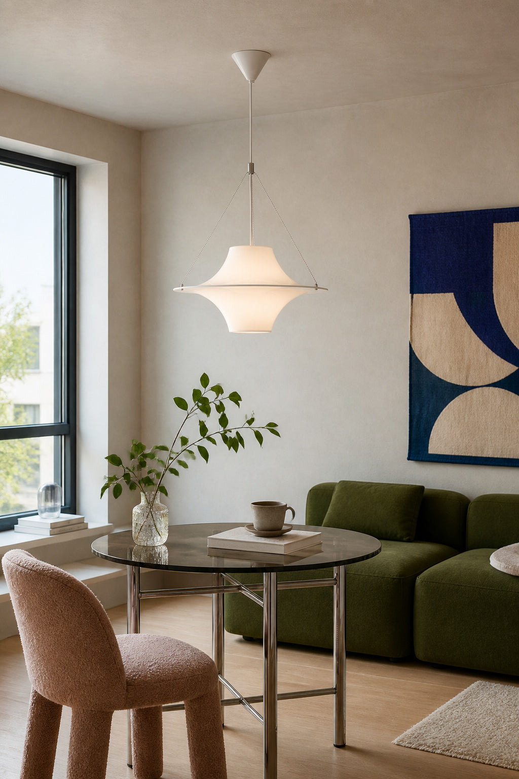 White acrylic saucer pendant in a green and blush contemporary reading lounge