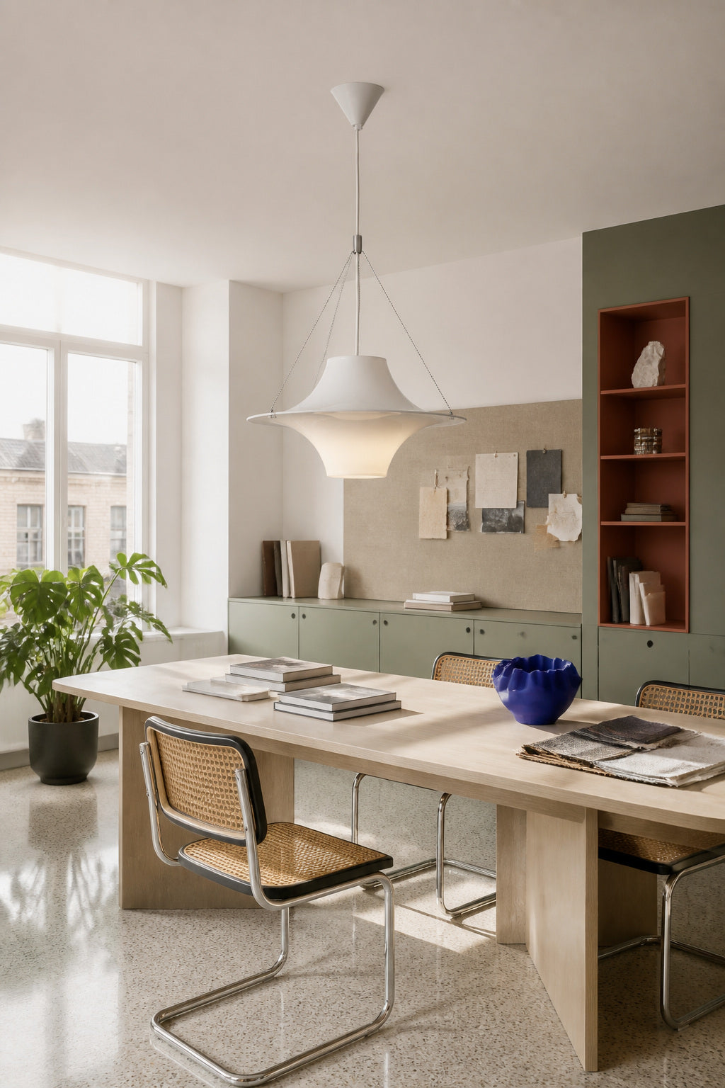 White acrylic saucer pendant above a pale wood table in a modern home design studio