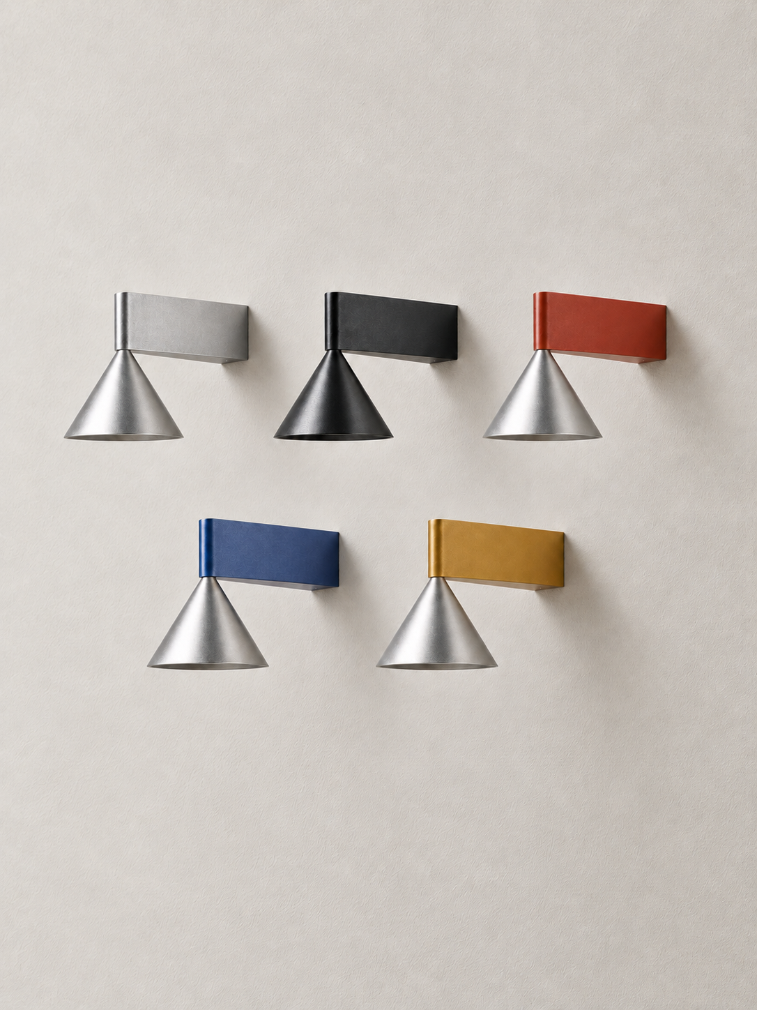 Five finish options of the Aluminum Cone LED Wall Sconce, arranged on a neutral wall; portrait product-list view
