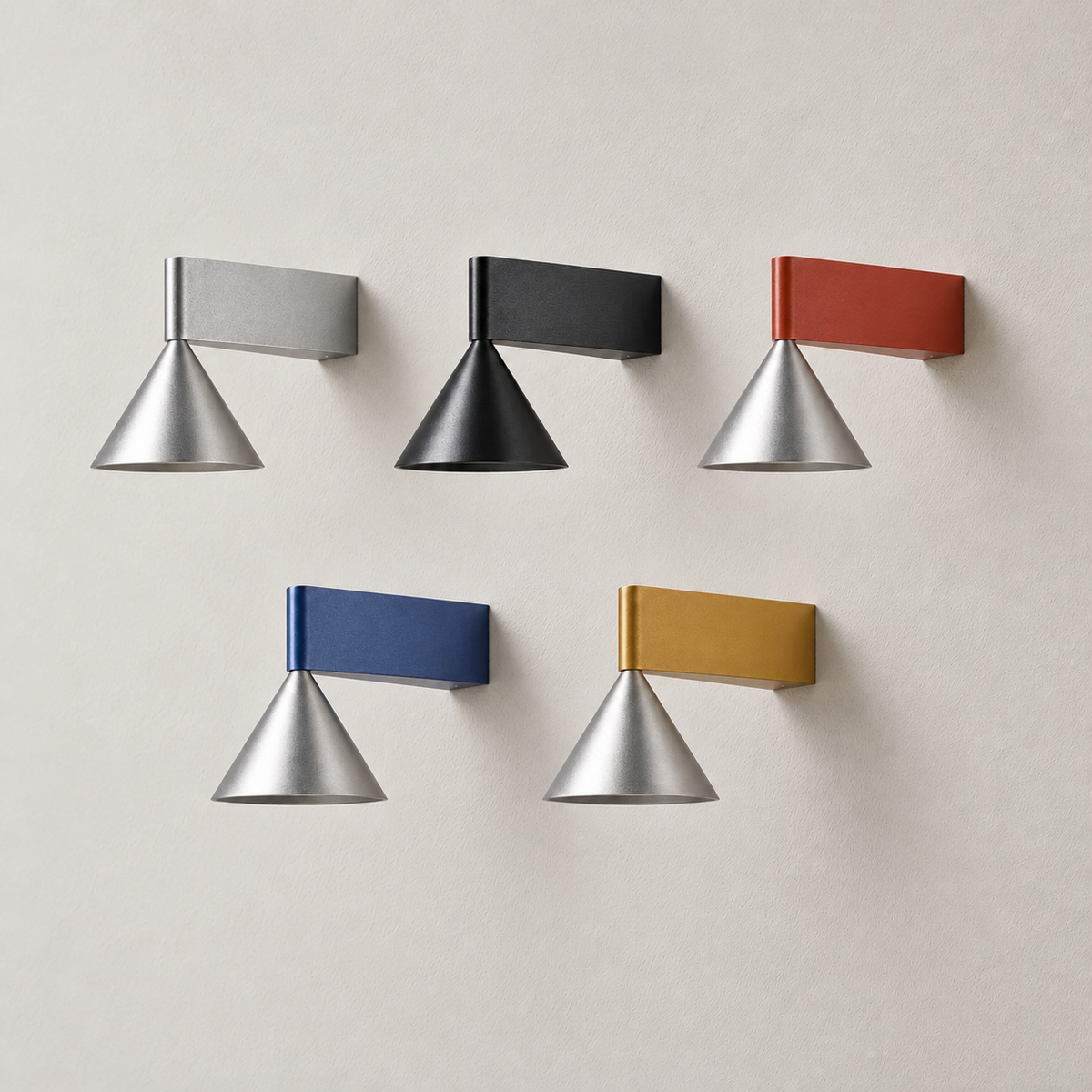 Aluminum cone LED wall sconce finish options: brushed silver, brushed black, retro red, retro blue and retro yellow; shown unlit