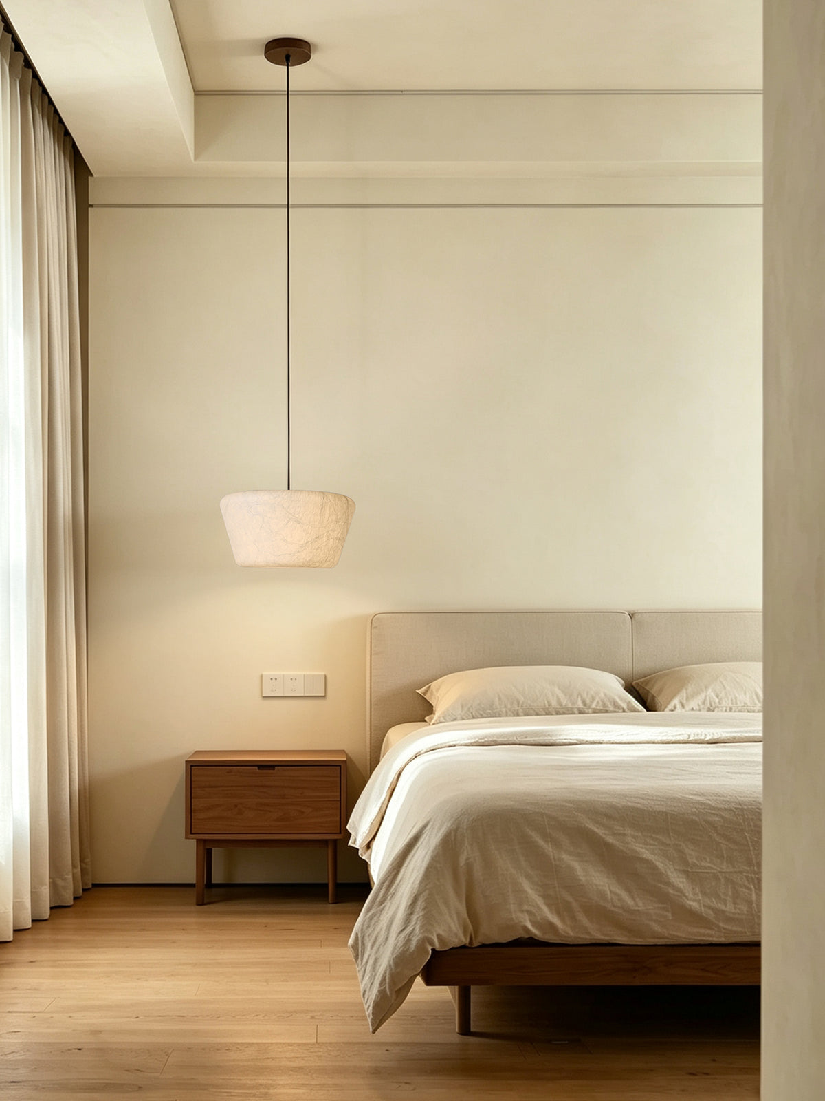 Arelmive silk pendant above a bedside table, original room photograph