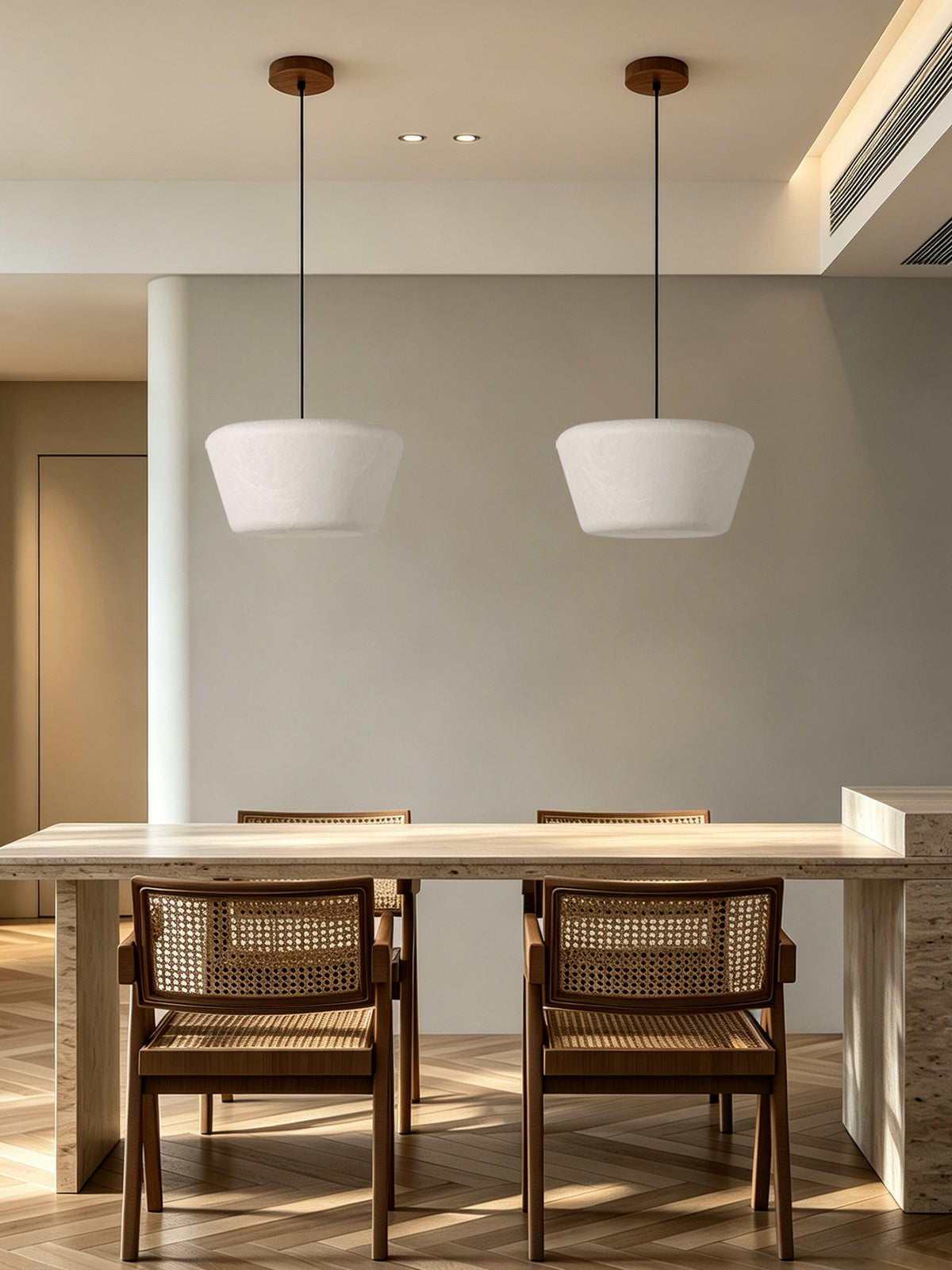 Two unlit Arelmive pendants in a dining-room arrangement, original photograph