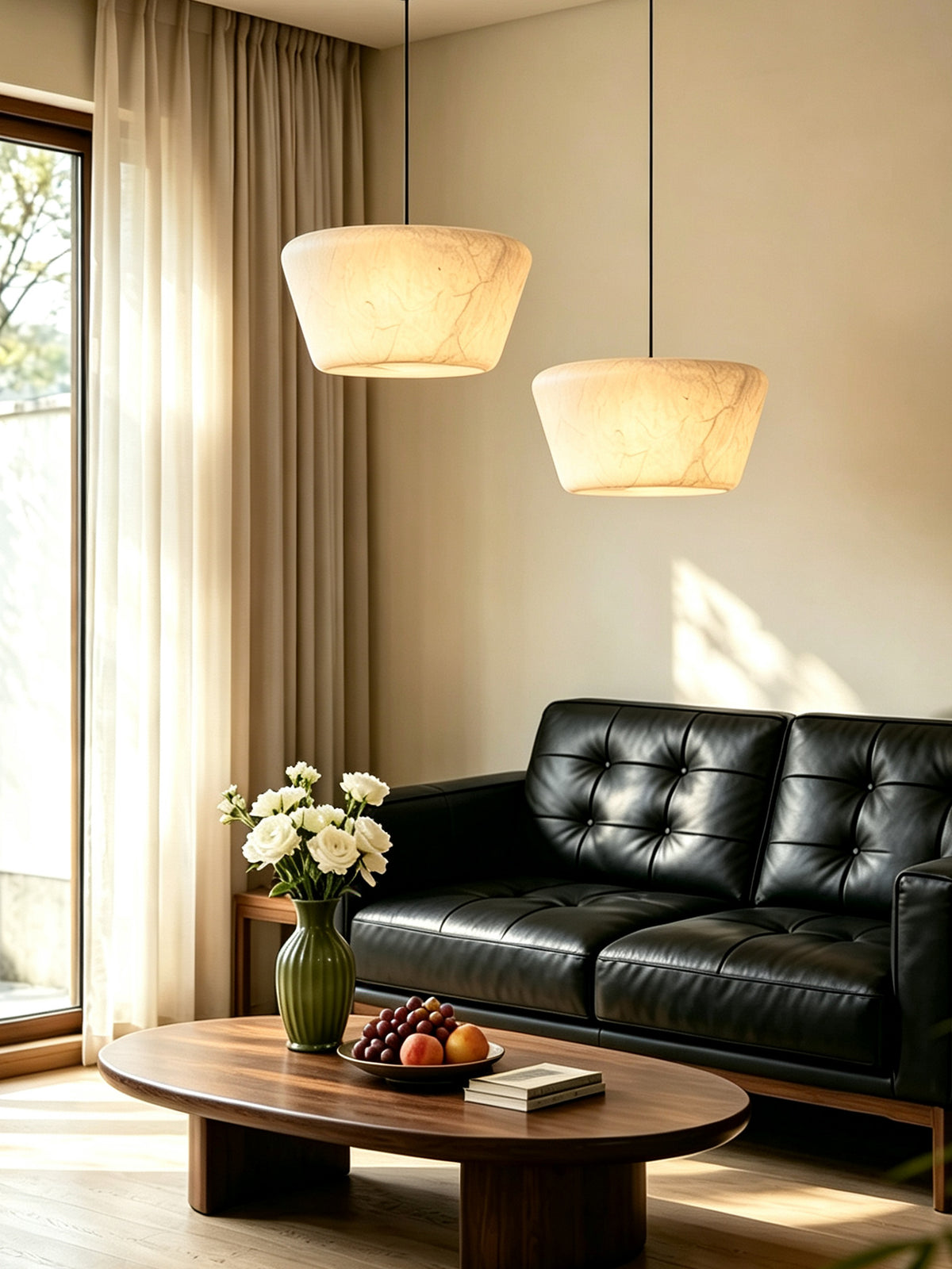Two illuminated Arelmive pendants in a living-room arrangement, original photograph