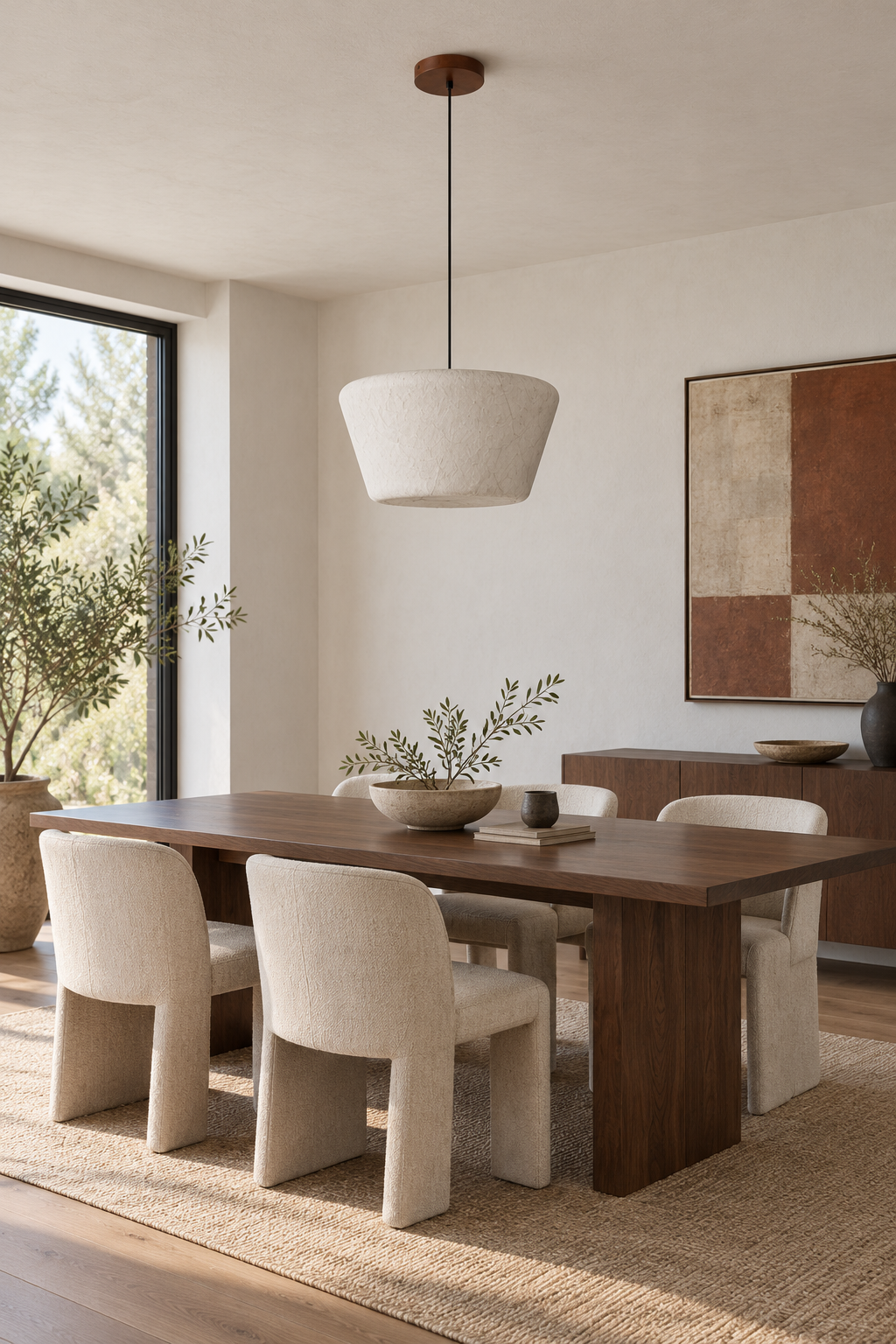 Unlit Arelmive silk pendant over a walnut dining table