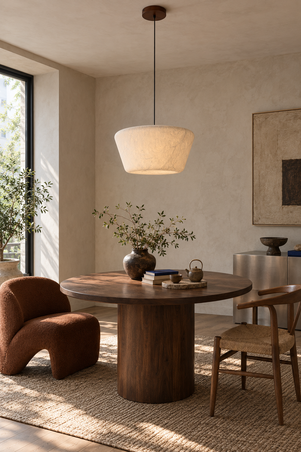 Illuminated Arelmive silk pendant in a modern tea-room nook