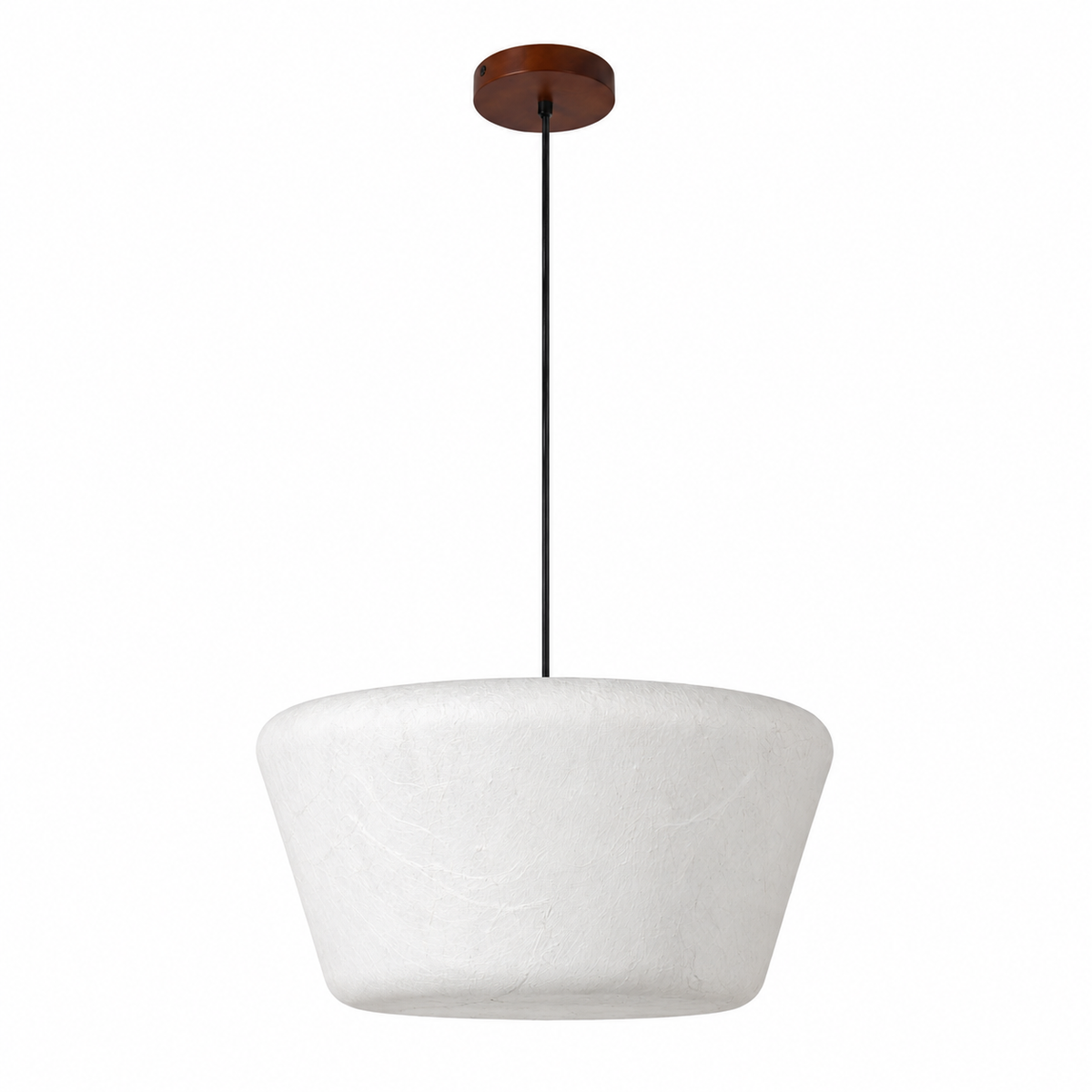 Complete unlit Arelmive silk pendant on white with walnut-colored ash canopy