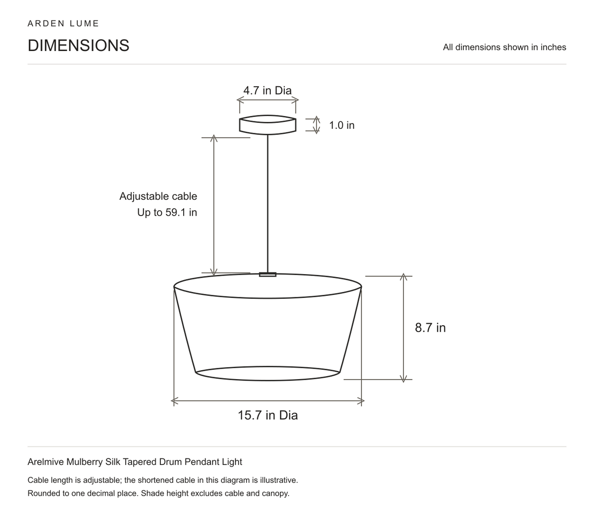 Arelmive silk pendant shade, canopy and adjustable cable dimensions in inches