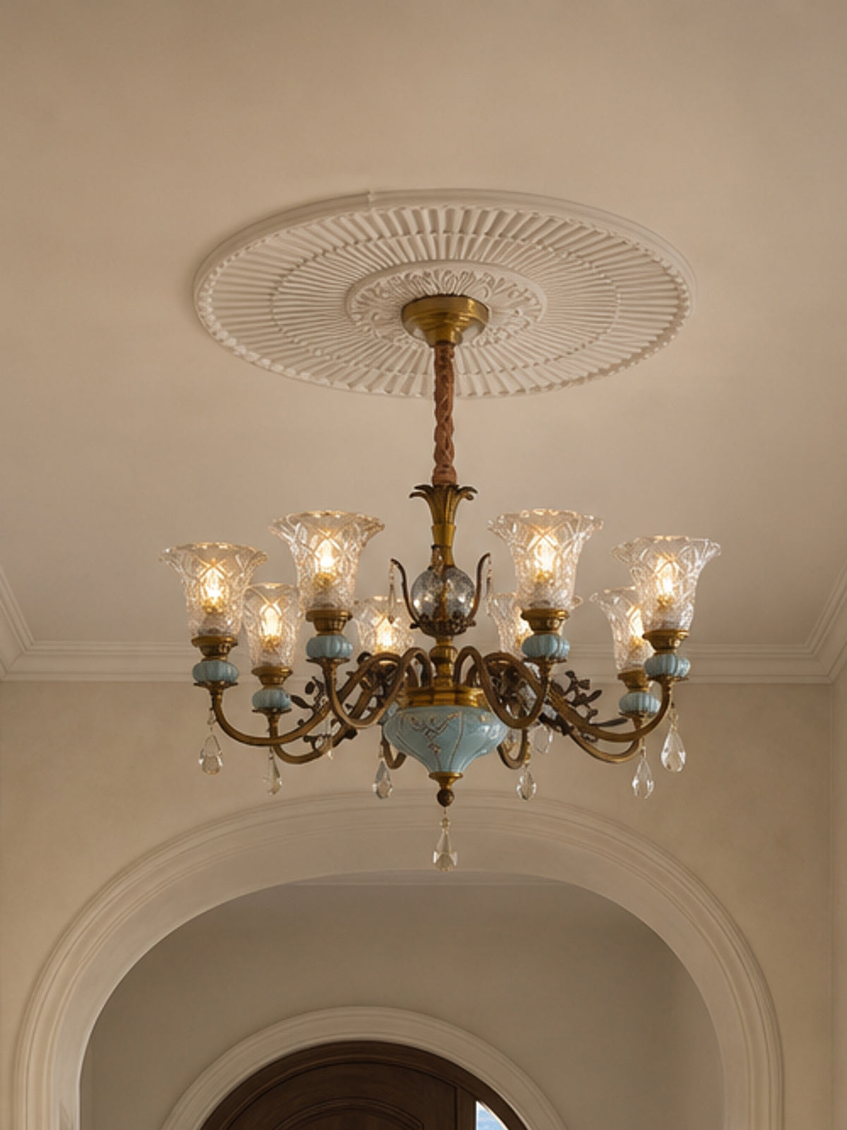 Blue Glazed Ceramic Brass Crystal Chandelier — desktop collection card lifestyle image