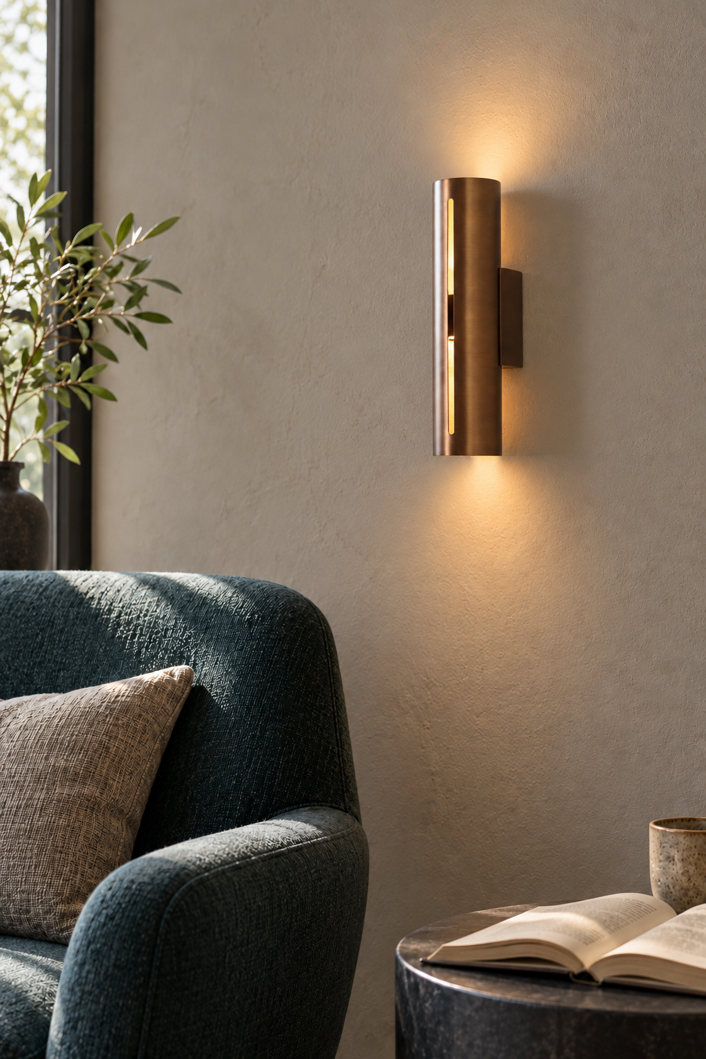 Short Antique Copper cylinder wall sconce styled in a reading nook, with the light on.