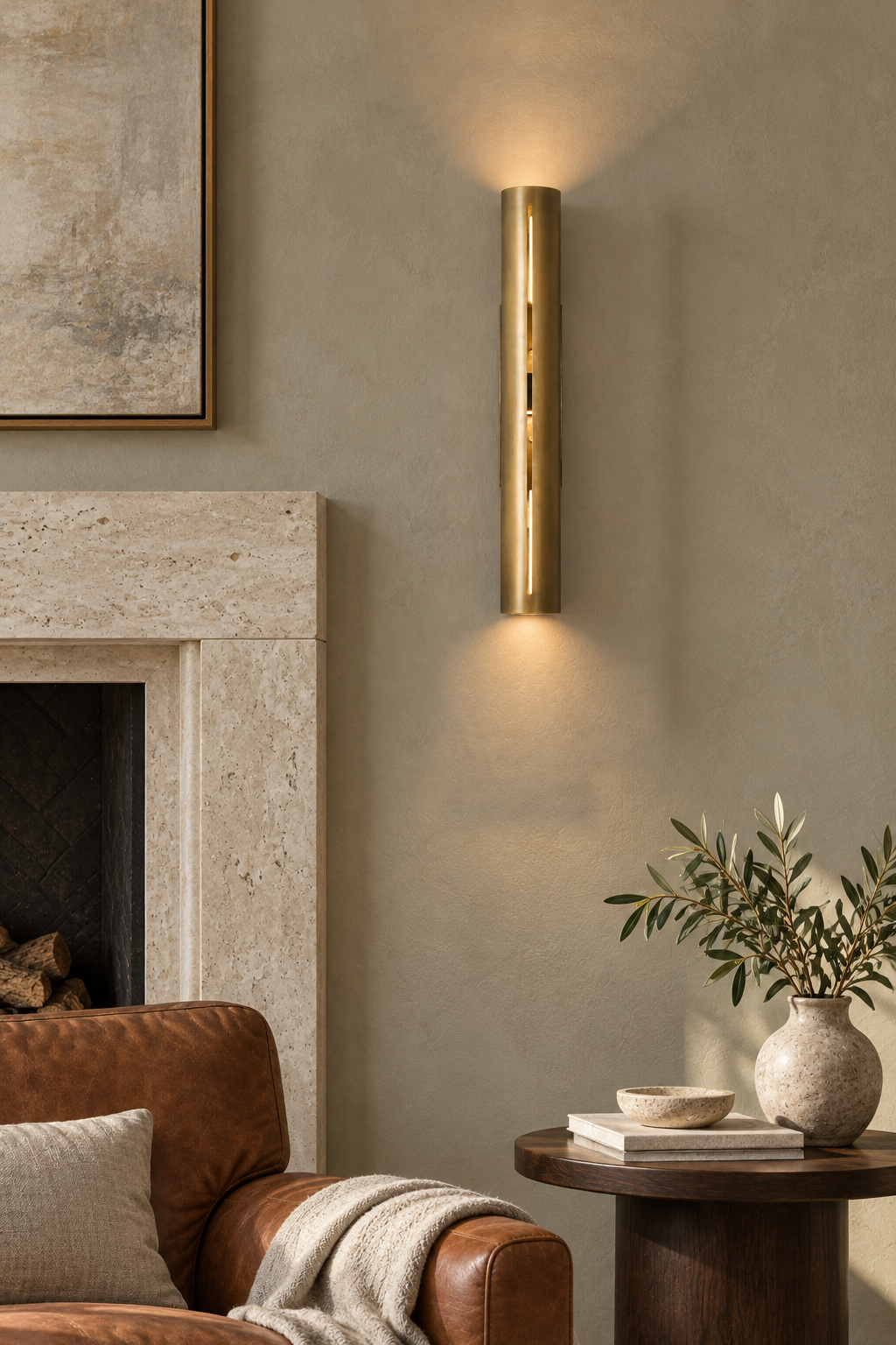Long Antique Brass cylinder wall sconce styled in a living room, with the light on.