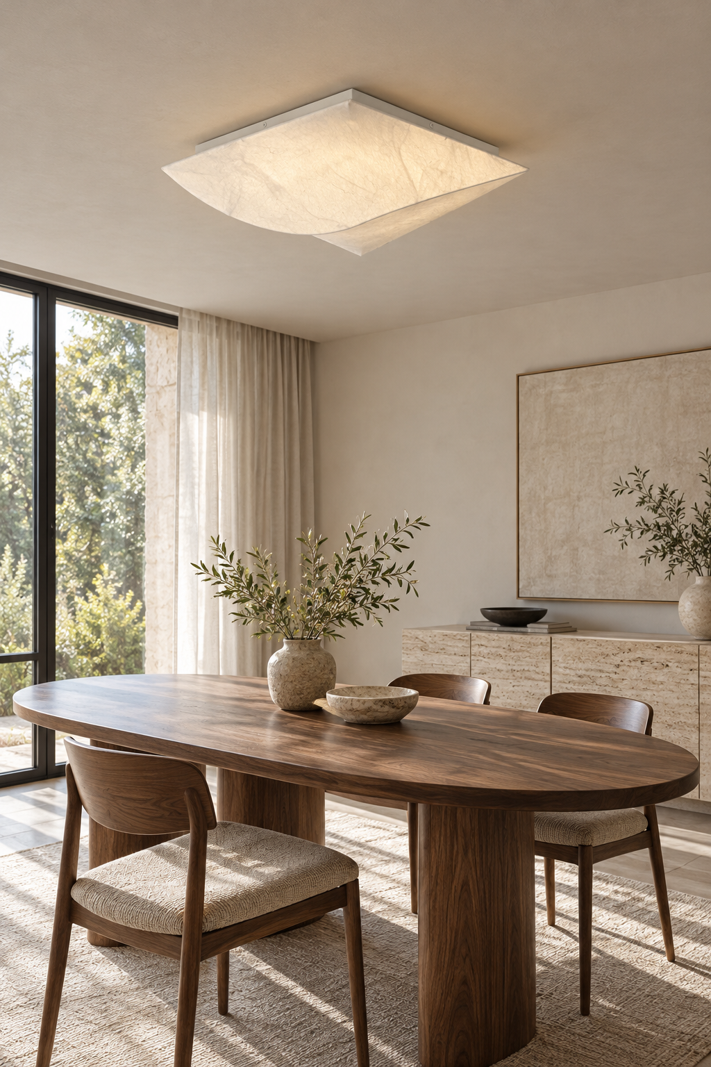Cocivale Mulberry Silk Single-Curve Ceiling Light — room setting with 3000K warm light