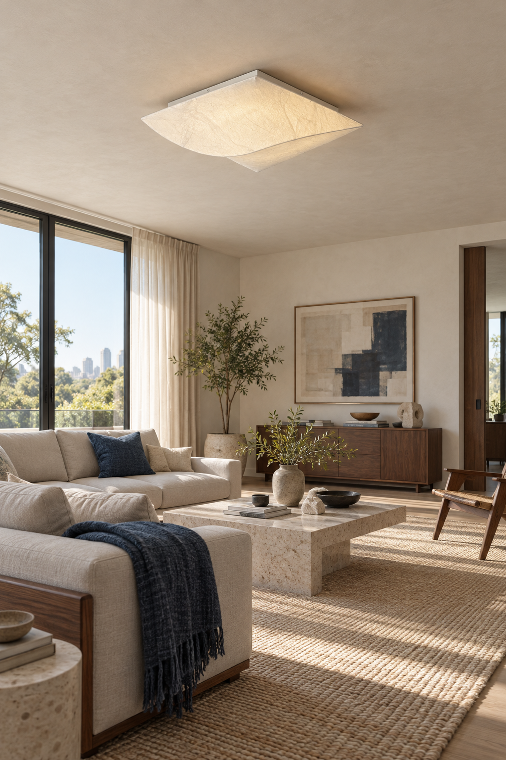 Cocivale Mulberry Silk Single-Curve Ceiling Light — room setting with 3000K warm light