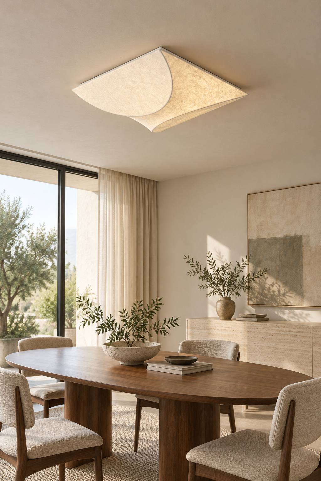 Cocivale Mulberry Silk Double-Curve Ceiling Light — room setting with 3000K warm light