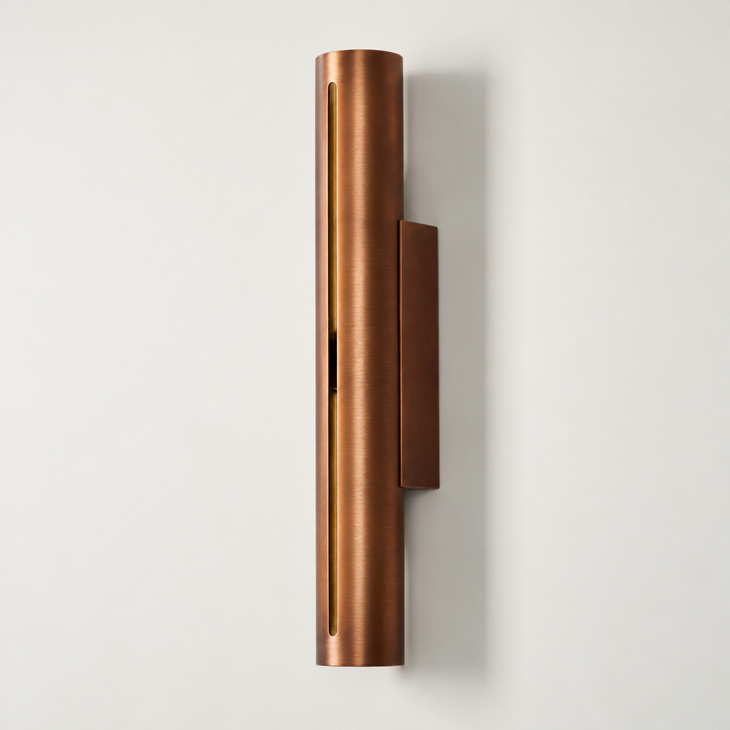 Long antique copper cylinder wall sconce, unlit, 55 cm high