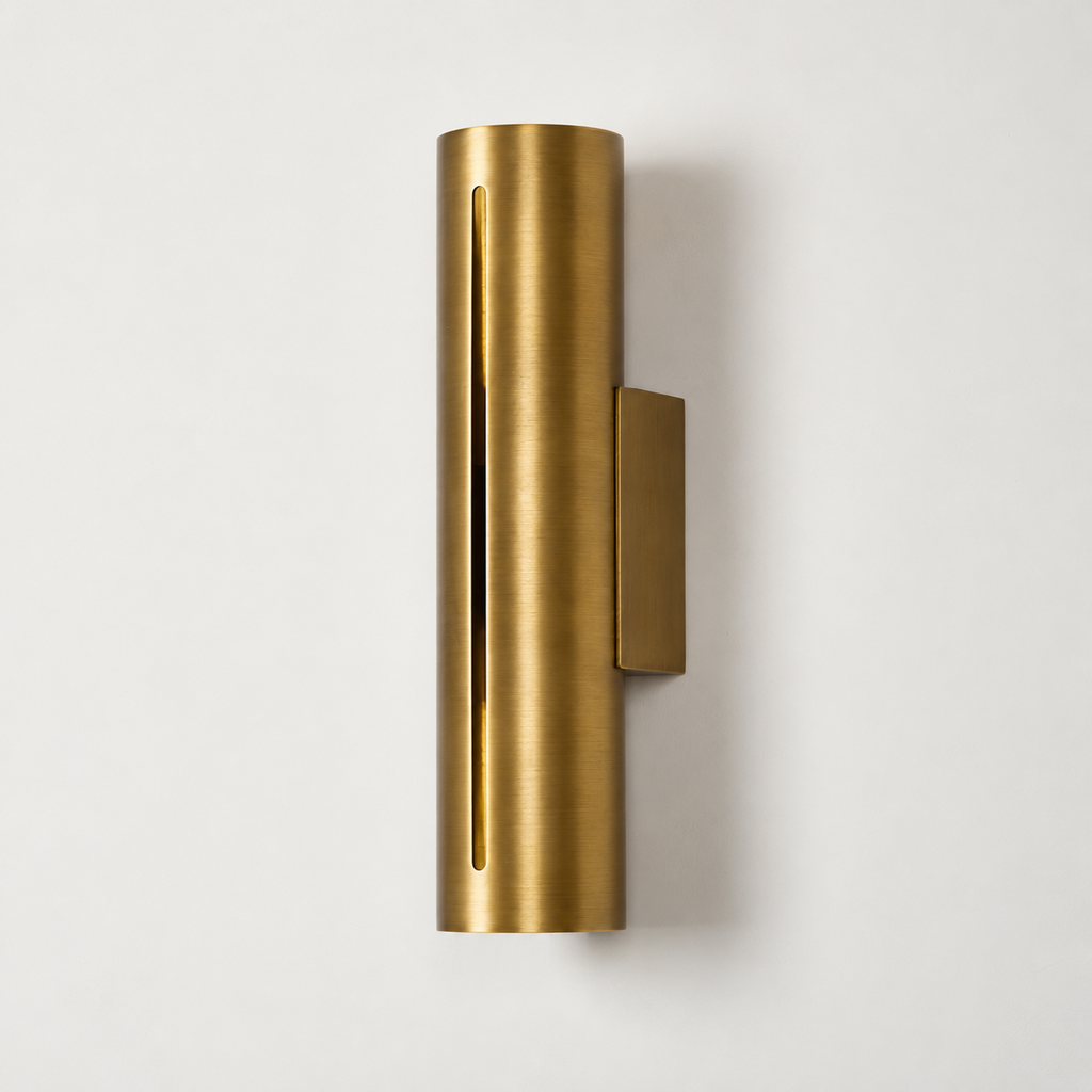 Short antique brass cylinder wall sconce, unlit, 33 cm high