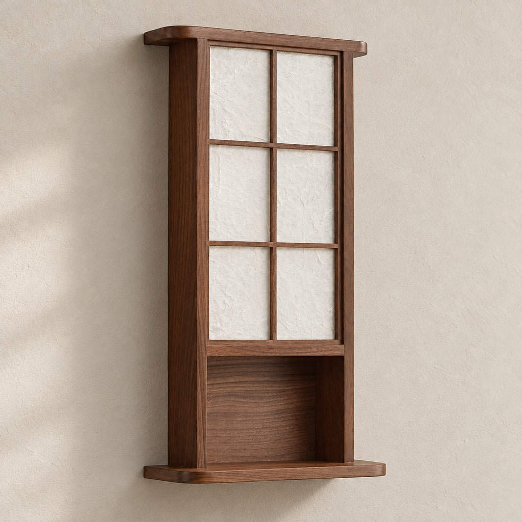 Six-section walnut and natural mulberry silk wall sconce with display shelf, unlit