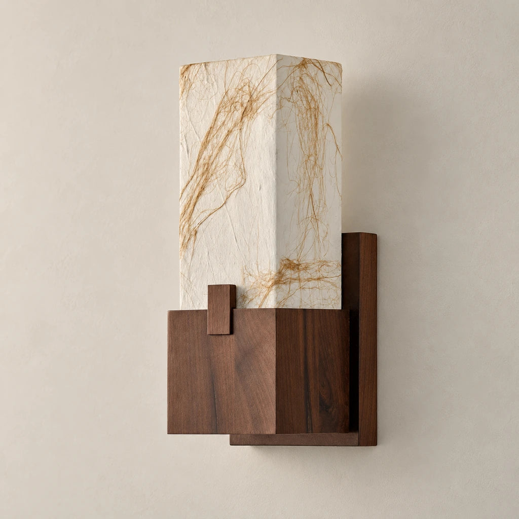 Walnut and natural mulberry silk wall sconce, unlit, complete fixture