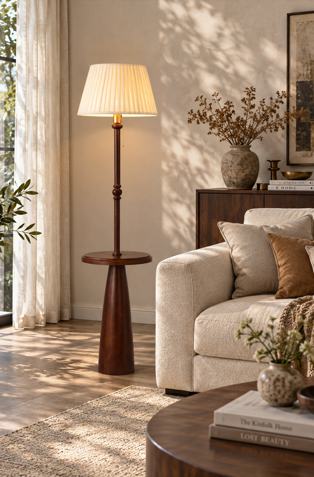 Ornvale - Pleated floor lamp beside a cream sofa in a sunlit original sitting-room scene