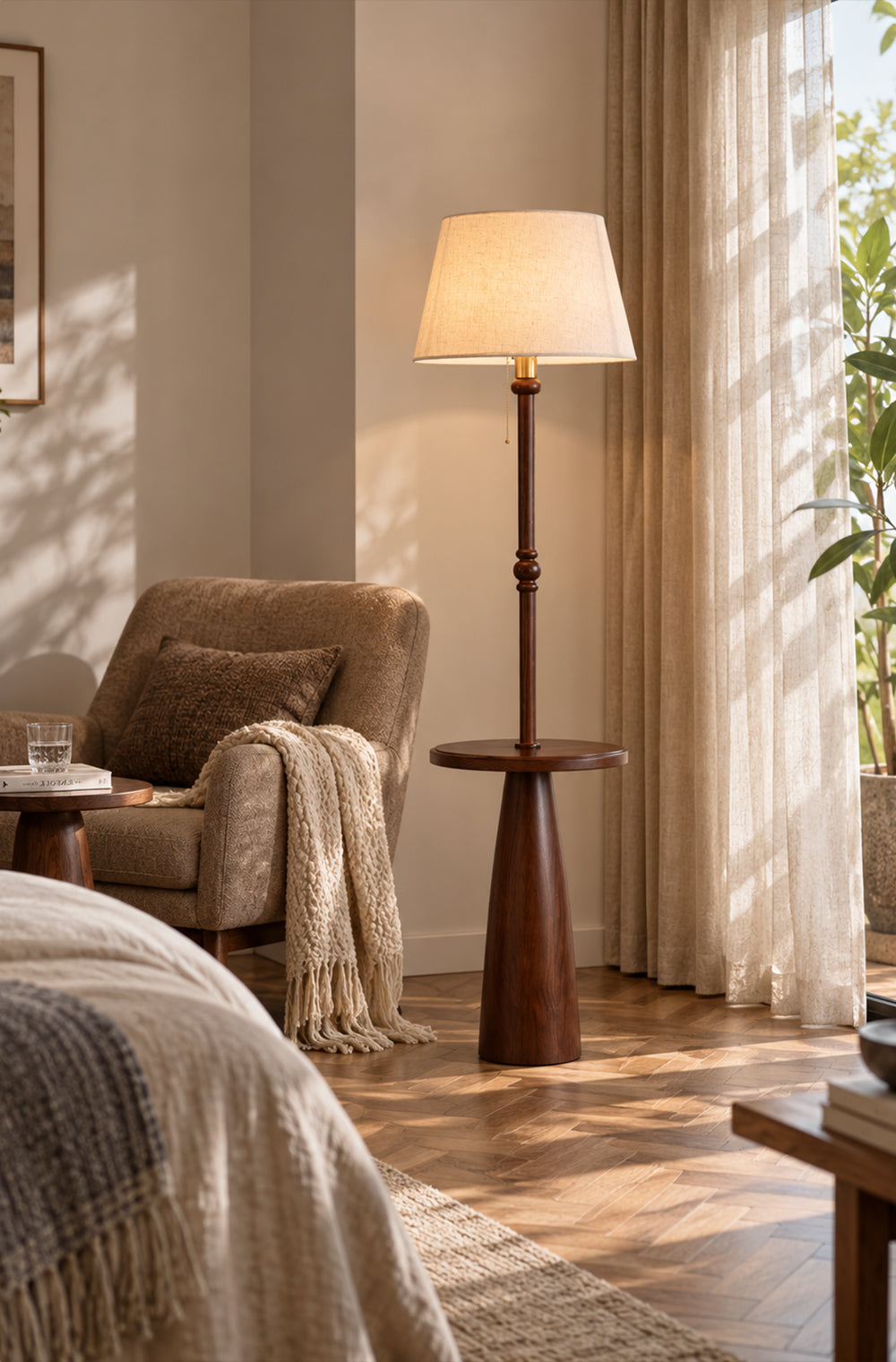 Ornvale - Plain fabric floor lamp beside a reading chair in the original bedroom scene