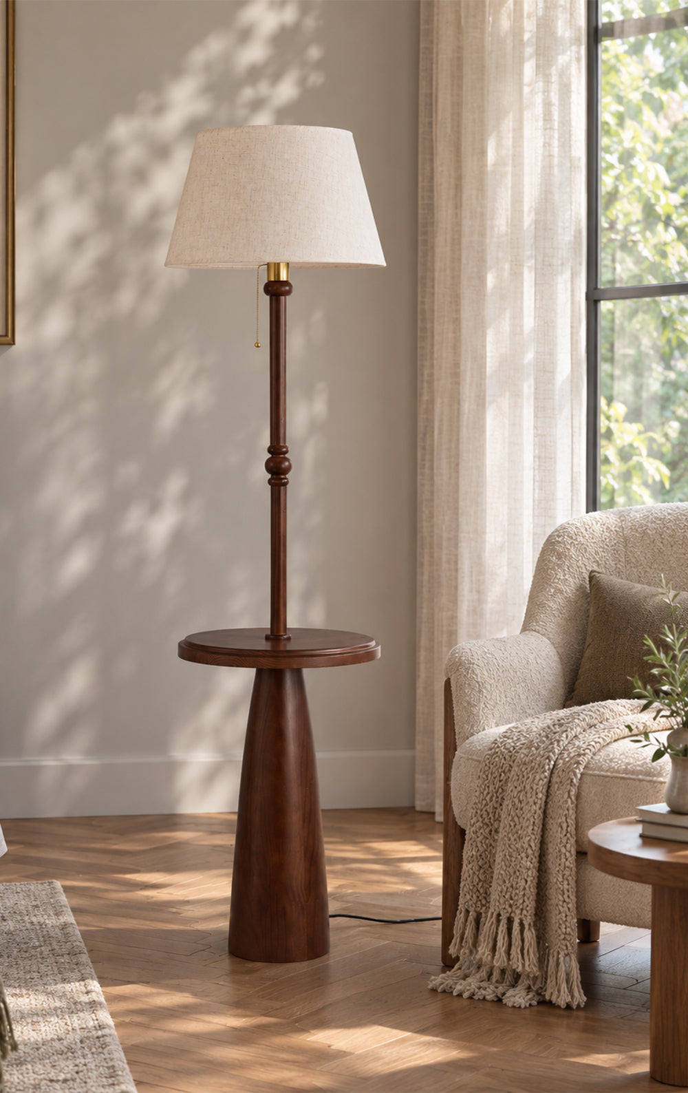 Ornvale - Plain fabric floor lamp switched off beside the original reading chair