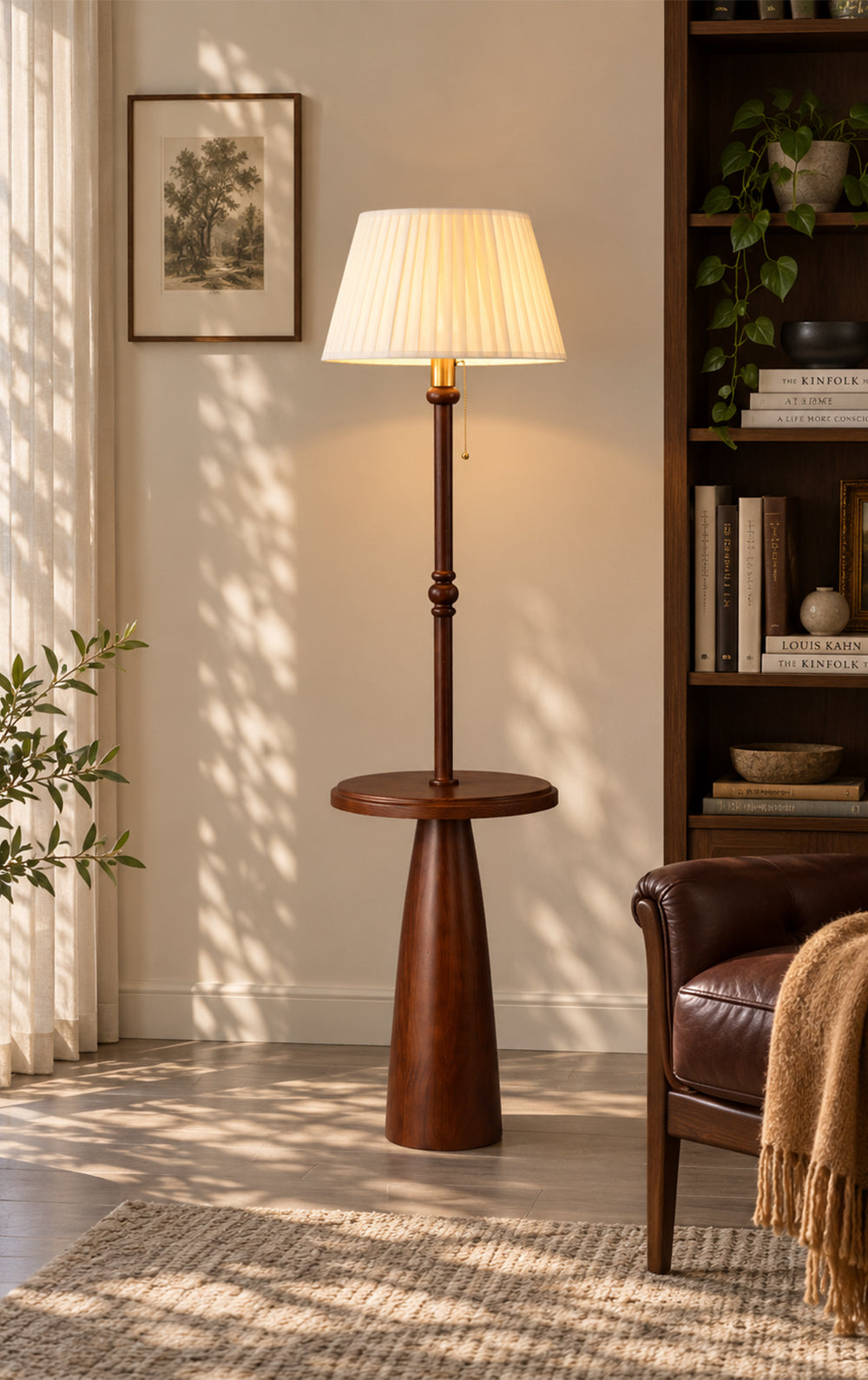 Ornvale - Pleated floor lamp beside the original bookcase and leather chair