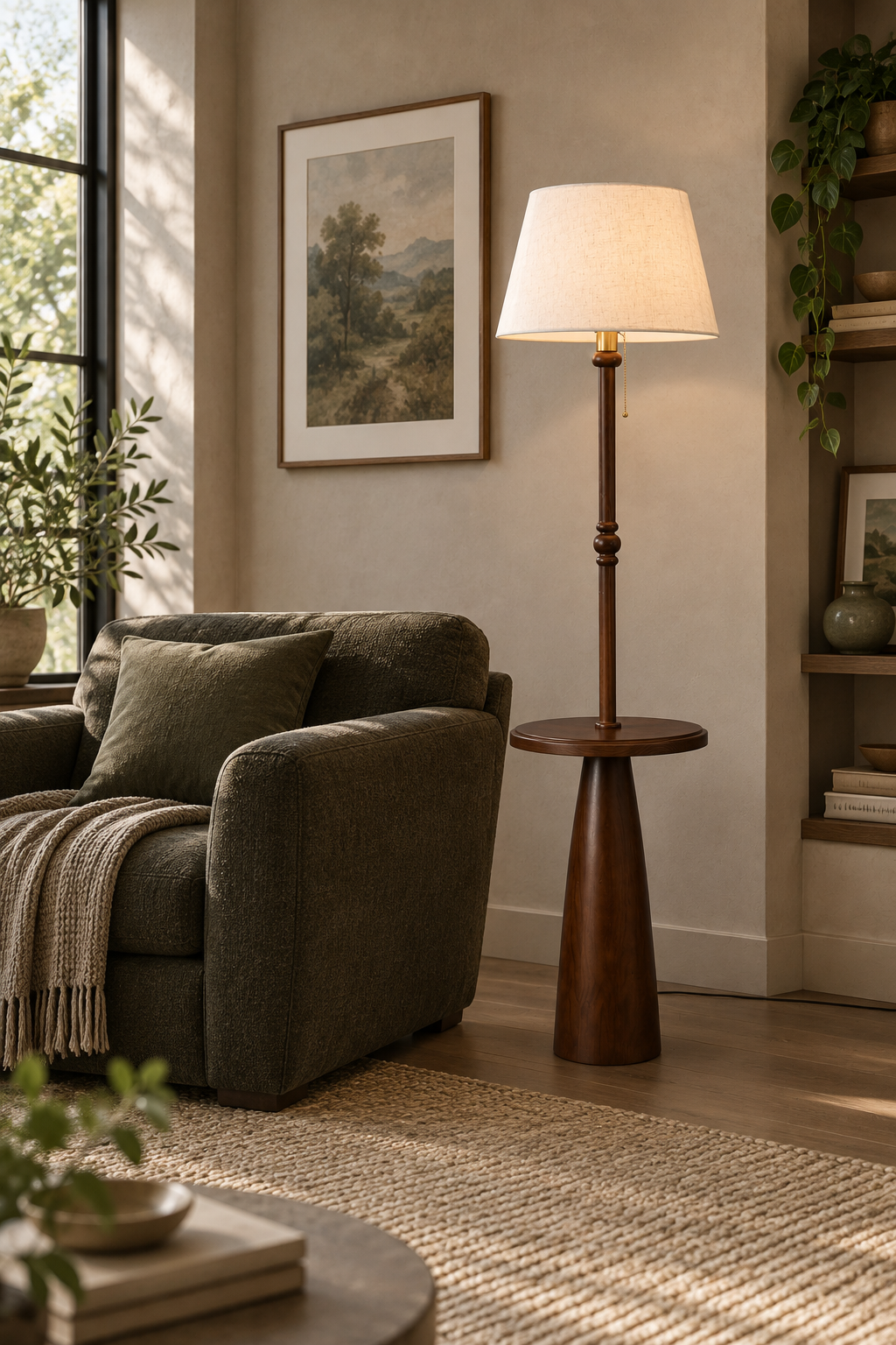 Ornvale - Plain fabric floor lamp warmly illuminated beside a charcoal reading chair
