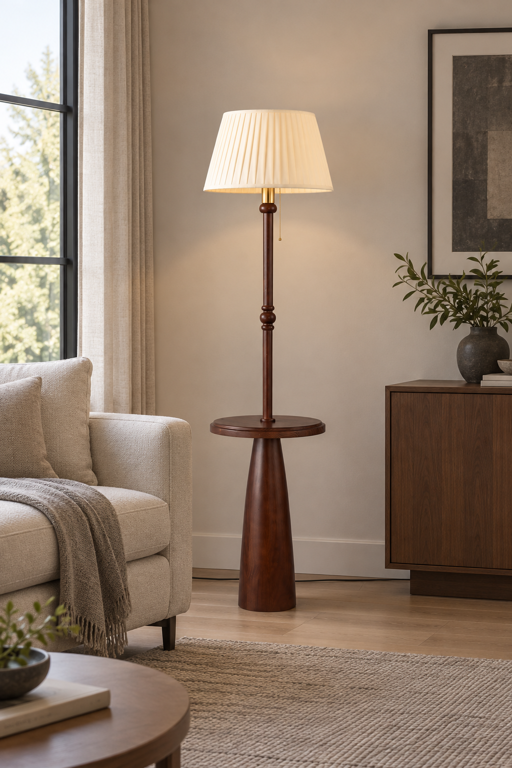 Ornvale - Pleated floor lamp illuminated beside a cream sofa in daylight