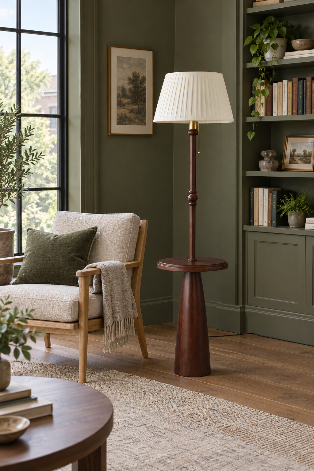 Ornvale - Pleated floor lamp switched off in an olive reading room