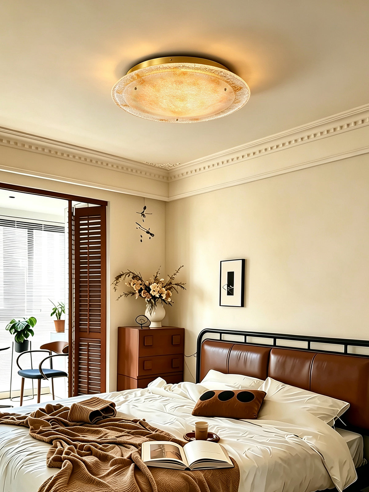 Gold hand-fired glass ceiling light — original bedroom setting