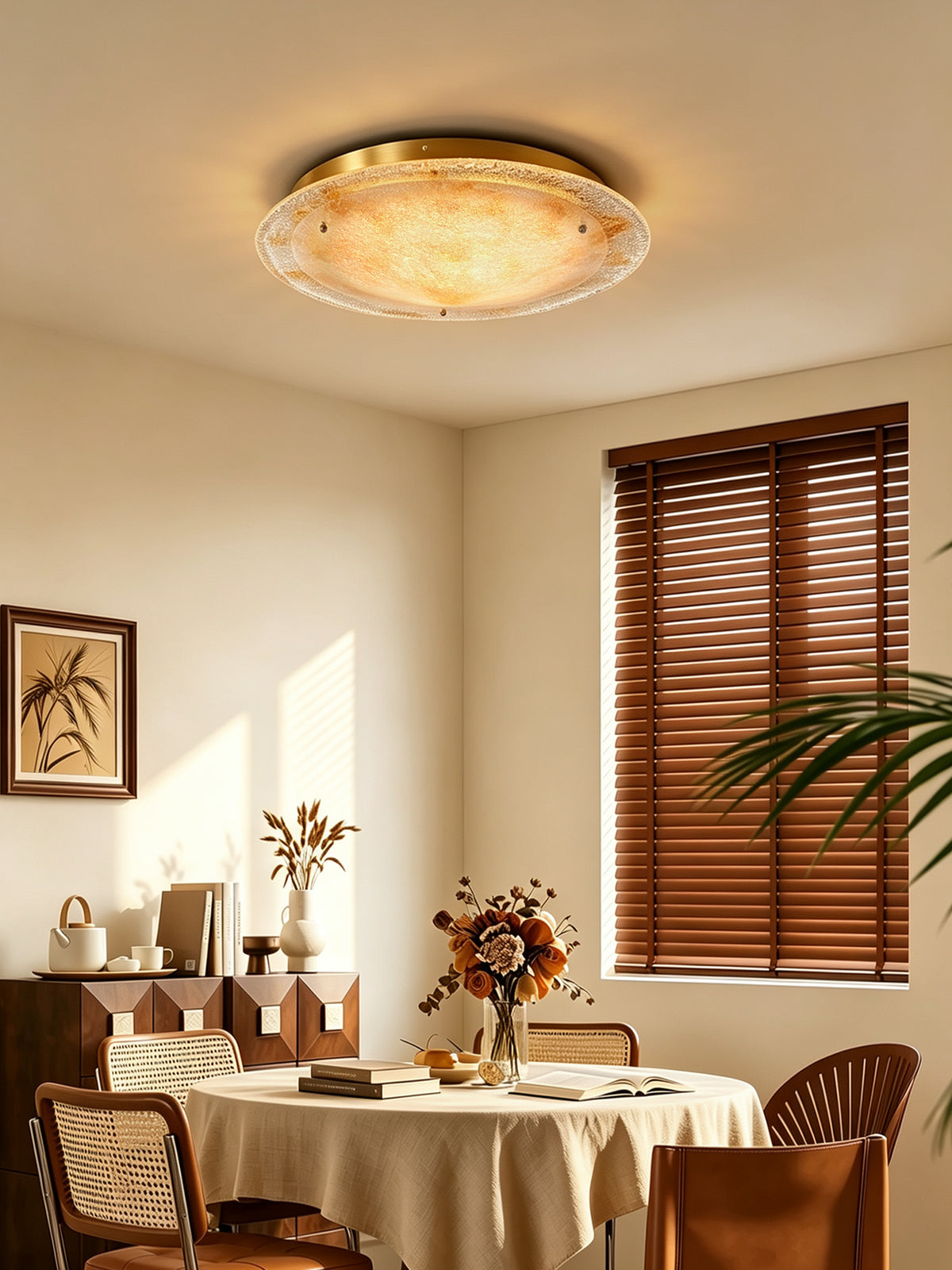 Gold hand-fired glass ceiling light — original dining room setting