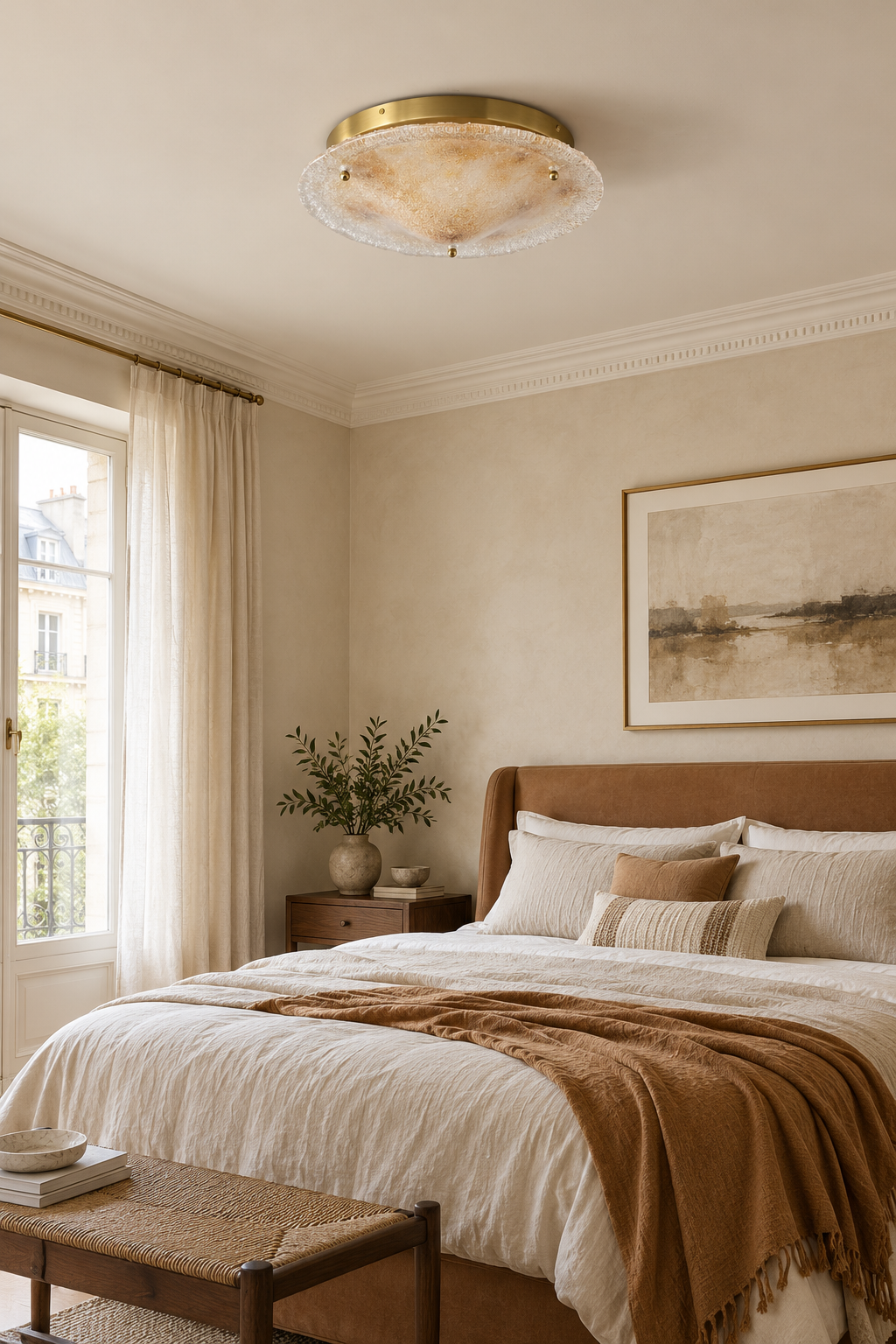 Gold hand-fired glass ceiling light — bedroom · light off · diameter21.7″ × height5.9″