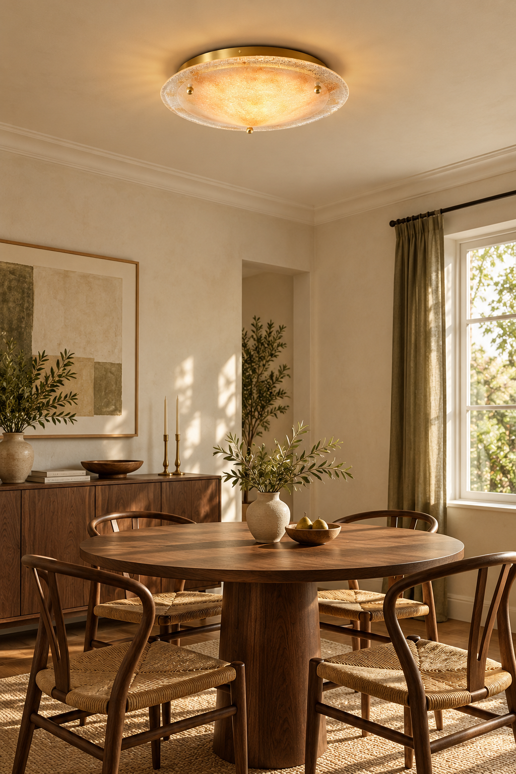 Gold hand-fired glass ceiling light — dining room · light on · diameter21.7″ × height5.9″