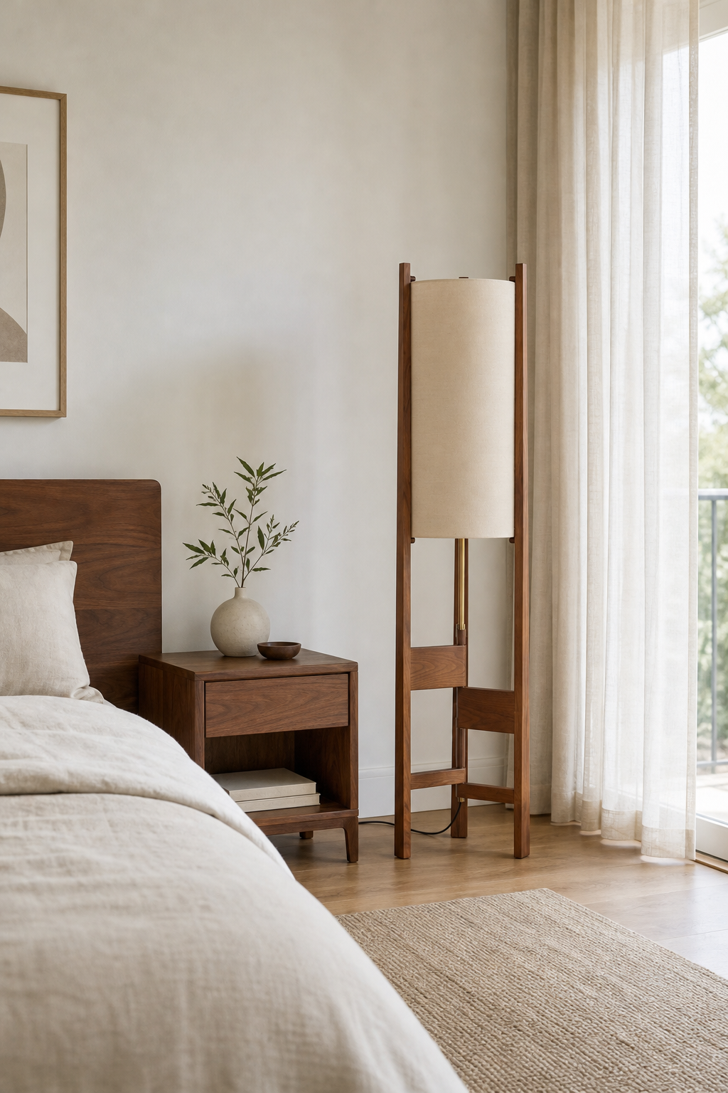 Ashverelle ash wood floor lamp — bedroom setting, lamp switched off