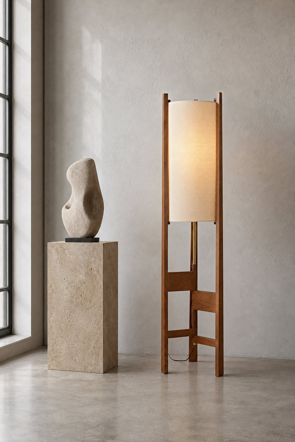 Ashverelle ash wood floor lamp — gallery setting, warm-lit lamp