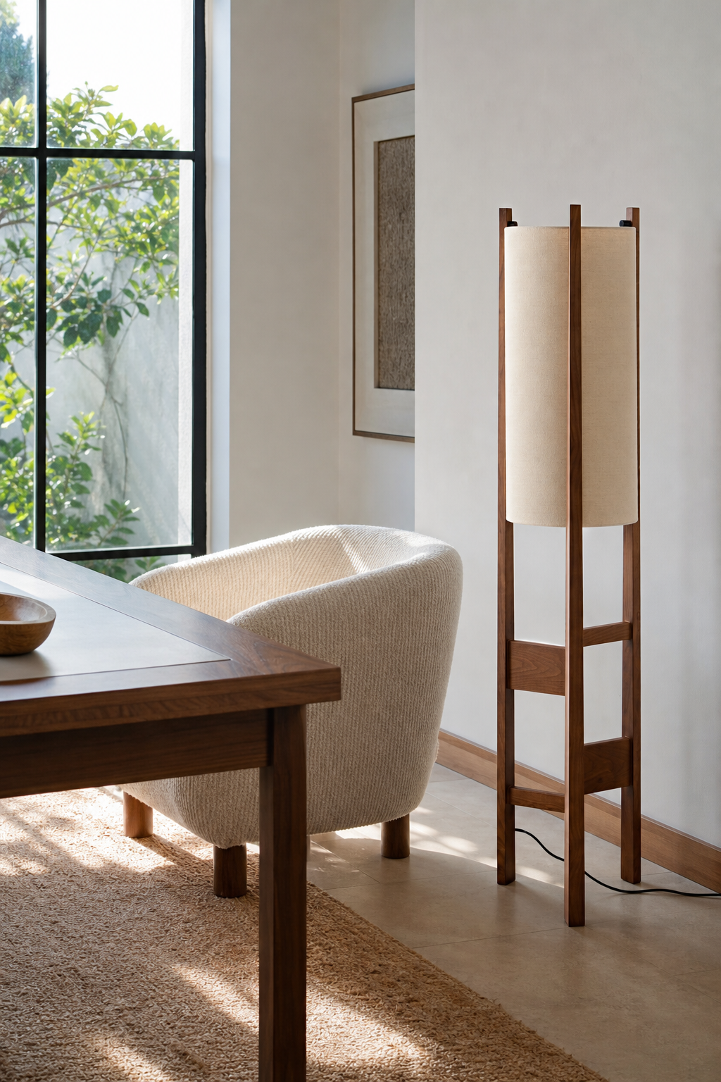 Ashverelle ash wood floor lamp — study setting, lamp switched off
