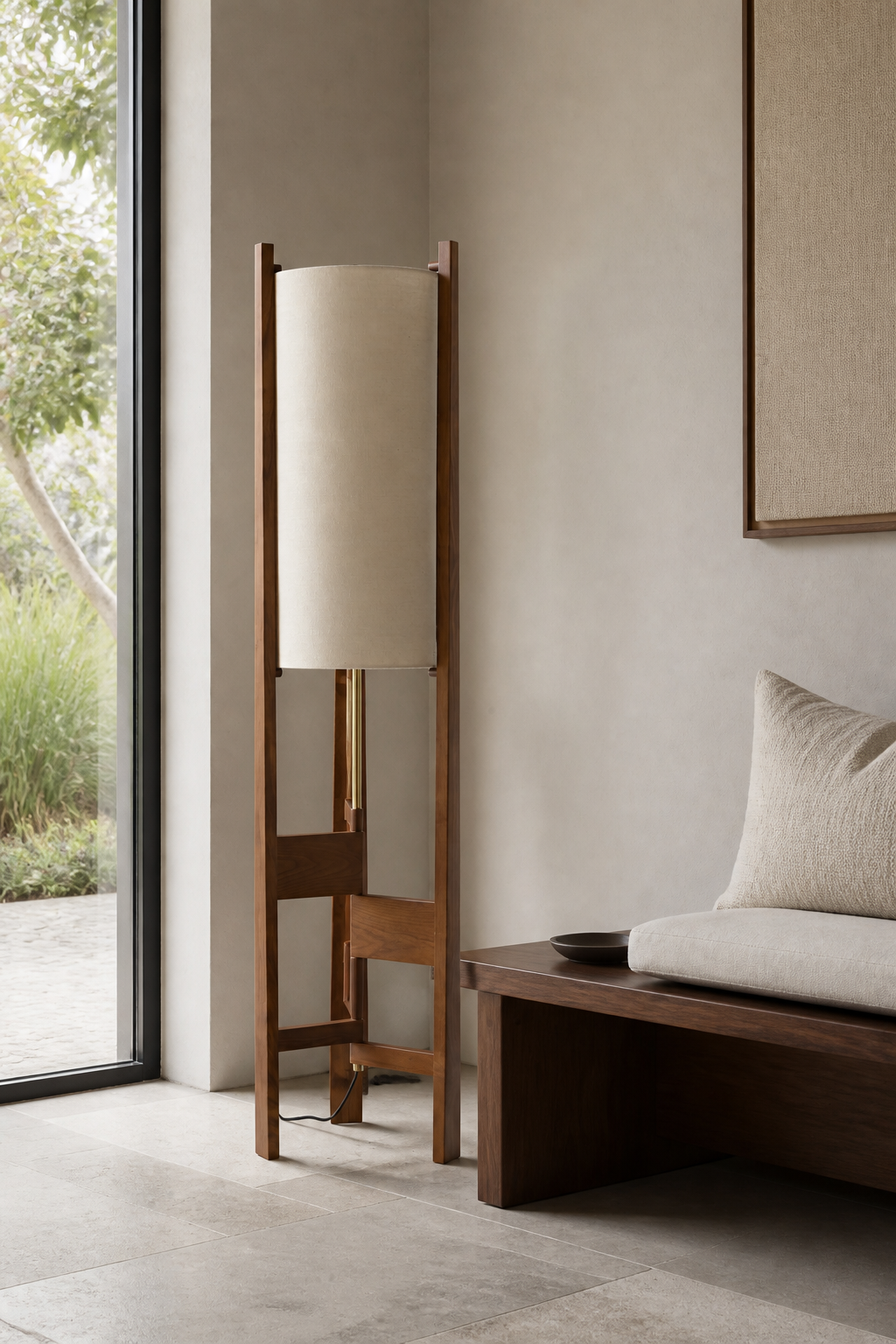 Ashverelle ash wood floor lamp — entry setting, lamp switched off